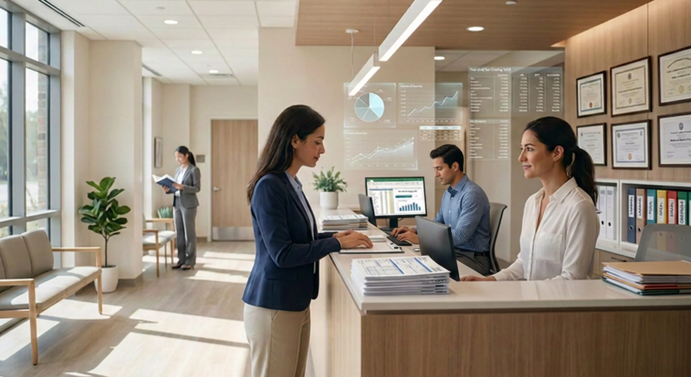 Oficina de una asesoría con el equipo atendiendo a clientes.