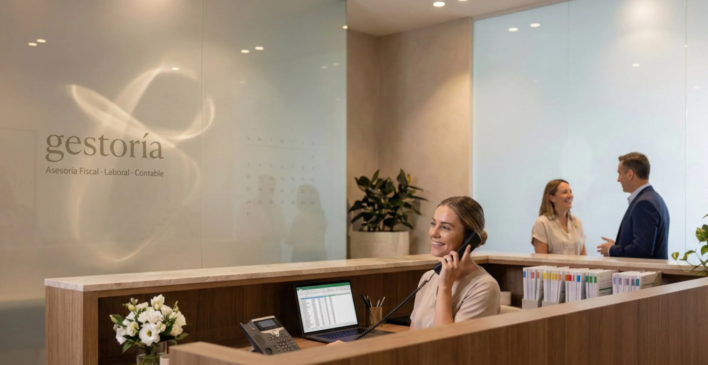 Recepción de una gestoría: una empleada atiende el teléfono mientras otros clientes esperan.